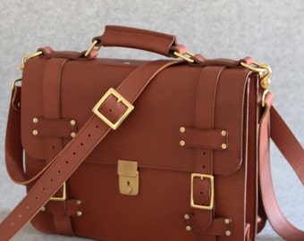 Belted Leather Briefcase - Personalized Leather Briefcase, Leather Messenger Bag, Leather Satchel