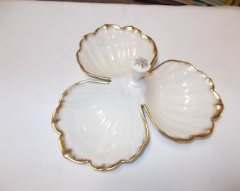 Lenox Candy Dish Three Section Gold Trim Candy Bowl Nut Dish With Handle Handled Shell Bowl Gold Trim