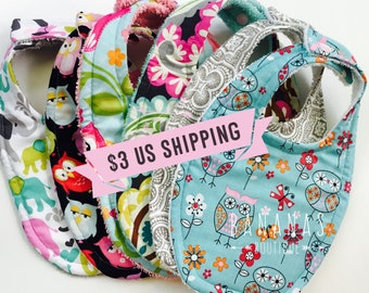 6 Baby Bibs Pick 6 cotton prints and choose the backing material. Triple layer, moisture blocking design