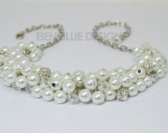 Pearl Necklace, White Pearl Necklace, Chunky Necklace, Pearl Cluster Necklace, White Bridal Jewelry, Bridesmaid Necklace, Bib Necklace,