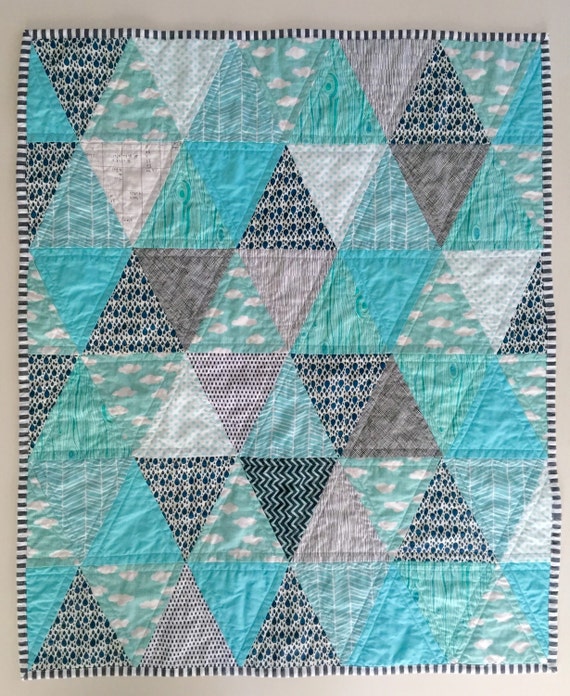 Modern Baby Quilt grey aqua white triangles by littlecolleydesign