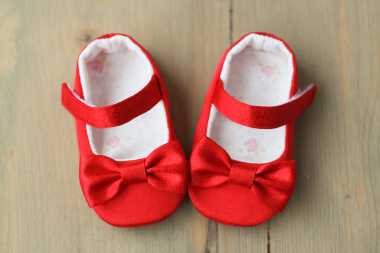Red satin baby girl shoes with bows Red toddler shoes