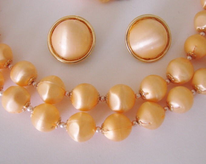 Vintage Light Tangerine Silk Bead Pearl Demi Parure / Necklace / Clip Earrings / Orange Satin / Japan / Jewelry / Jewellery