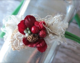 Couture Holly Berry Christmas Couture Dainty Red Ivory and Green Flower Tieback Headband - Perfect Xmas Holiday Photography Prop