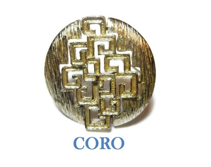 Coro modernist brooch, 1960s geometric cutout shapes in round wavy textured brooch, cubism design, Modrian squares, gold textured, mod