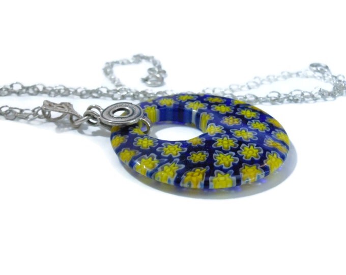 FREE SHIPPING Millefiori glass pendant, 40mm round dark blue, yellow flowers, round go-go, sterling silver filigree bail and sterling chain