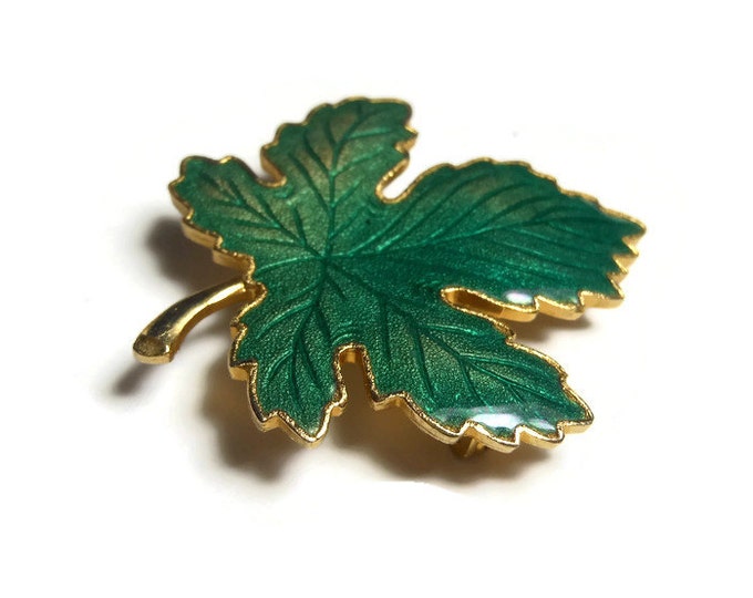 FREE SHIPPING Maple leaf brooch, green enamel with orange gold highlights, gold tone edging, great vein work