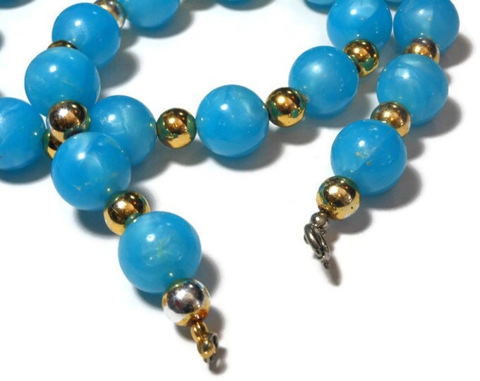 FREE SHIPPING 1950s blue lucite necklace, blue beads with light blue marbling interspersed with smaller gold beads for a lovely retro effect