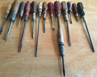 Vintage Collection of 13 Wooden Handled Screwdrivers