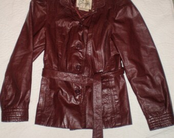 Berman's Burgundy Belted Women's Leather Jacket Size Medium