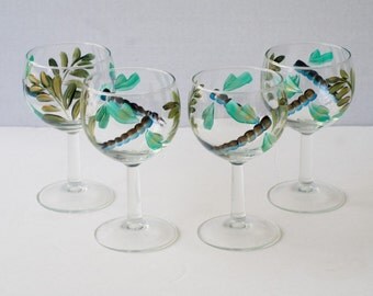 Painted glassware "dragonflies" set of 4