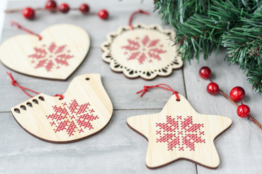 DIY Kit // Set of 4 Cross Stitch Ornaments // Scandinavian