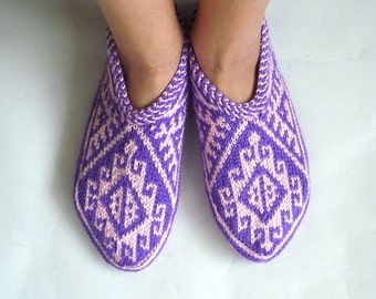 knit slippers, pink and purple Turkish Knitted Socks Slippers, woman slippers, knitted home shoes, gift for woman house shoes