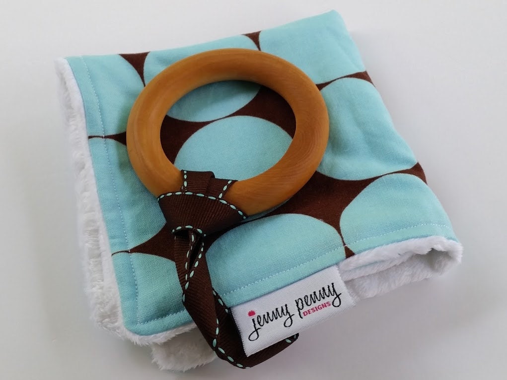 Teething Ring Minky Teething Blanket with Natural Wood