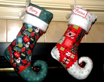 Christmas stocking with personalized name tag - elf stocking - set of 2