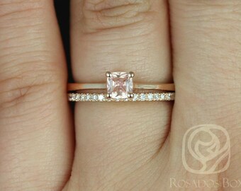 Rosados Box Gallina 0.45cts & DIA Barra 14kt Rose Gold Cushion Peach Champagne Sapphire Wedding Set