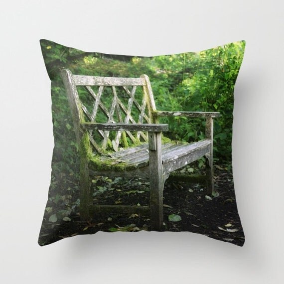 Fine Art Photography Printed Accent Pillow Rustic Wooden Bench Mossy 