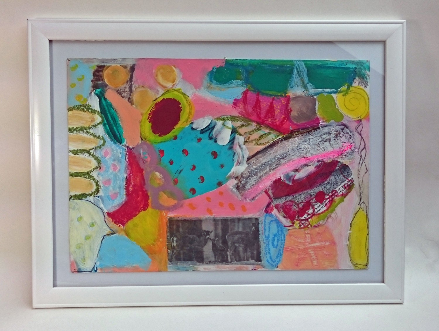 Acrylic painting on cardboard framed abstract primitiv