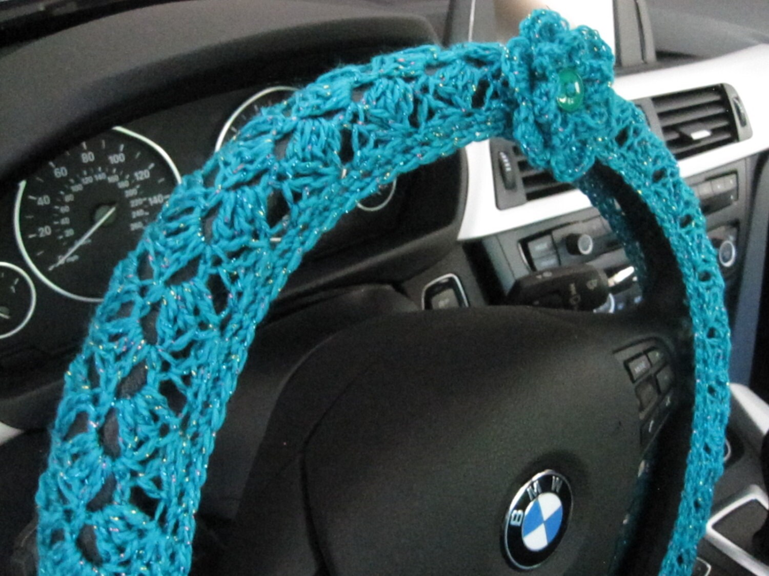Lacy Crochet Steering Wheel Cover with a Flower frosted