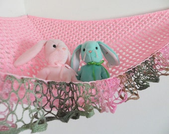Crochet toy net hammock in pink with pink, green and brown ruffle trim, stuffed animal storage for girls room MADE TO ORDER