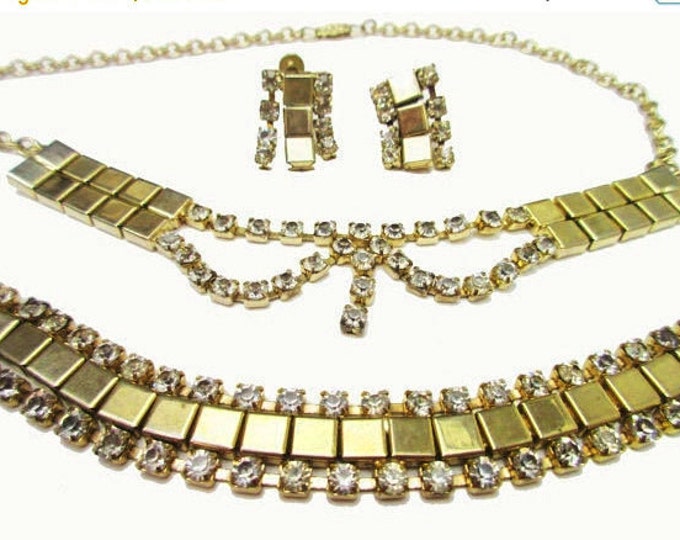 Rhinestone Gold Necklace Bracelet and earring parure set -Mid Century - Link necklace -Clear Rhinestone - Screw back earrings