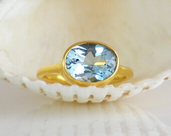 London Blue Topaz Ring - December Birthstone Ring - Gemstone Ring - Stacking Ring - Gold Ring - Oval Ring - Bezel set ring size 5 6 7 8 9
