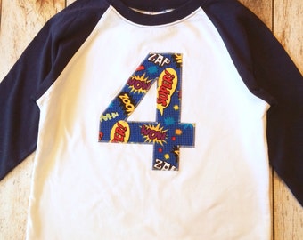 Superhero birthday shirt Navy and White Baseball Raglan royal Pow Bam superhero cape Birthday Shirt- 1st, 2nd, 3rd 4th 5th 6th Any Birthday