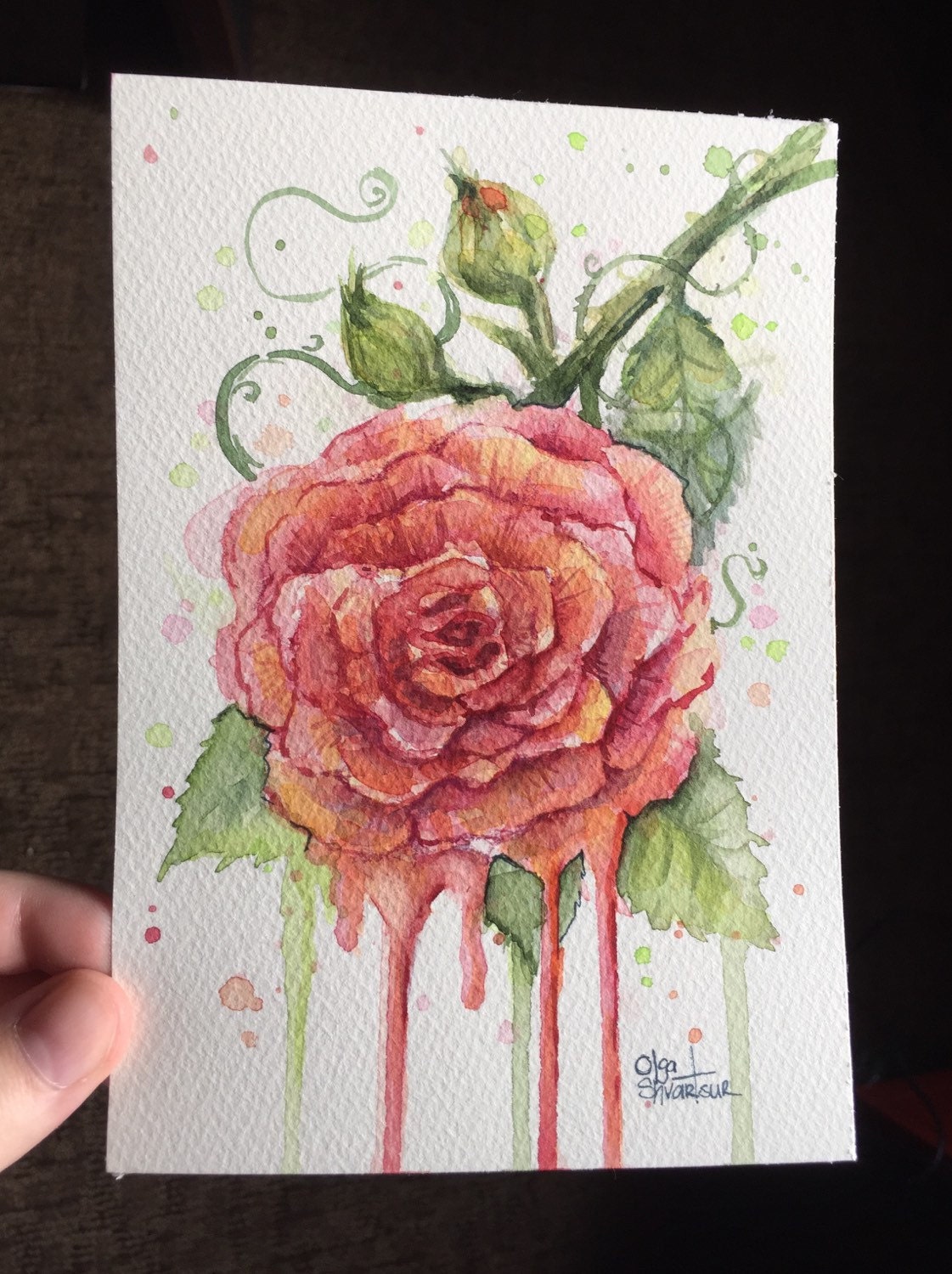 Red Rose Watercolor Painting Original Dripping Flower