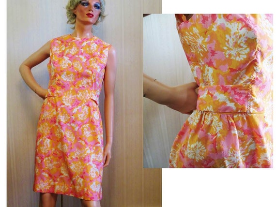 Vintage 60s Chemise Dress Pink and Orange Mod Floral Print