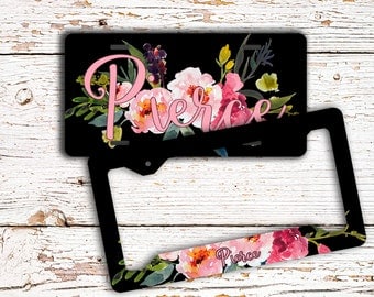 Girly auto accessories, Personalized auto decor, Pretty floral license plate or frame, Pink and black, Name car tag, Gifts for Her (1660)