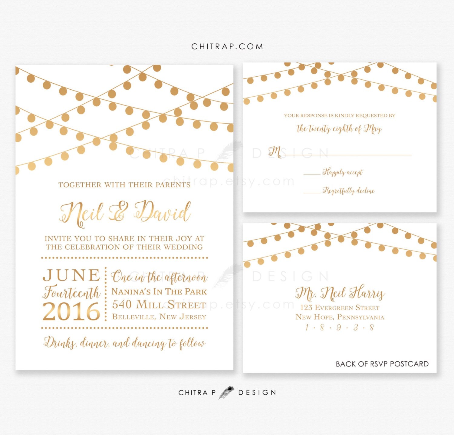 String Lights Wedding Invitations & RSVP Postcards Printed