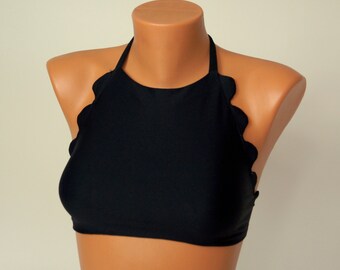 PADDED scallopped Solid black high neck halter bikini top-Bathing suit-Scallop bikini top-Festival top-Choose Your Color !!!!- XS-S-M-L-XL