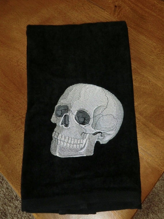 Embroidered Velour Hand Towel - Halloween - Skull - Black