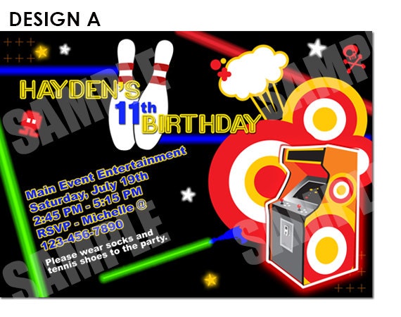 Bowling Video Game Laser Invitation Printable Birthday