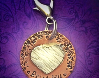 Personalized hand stamped dog ID tag - pet tag - dog name - copper and silver - custom - heart