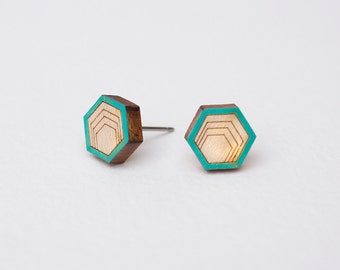 Wood Stud Earrings, Hexagon Stud Earrings, Wooden Stud Earrings, Simple Stud Earrings, wood post earrings, natural wood studs, modern studs