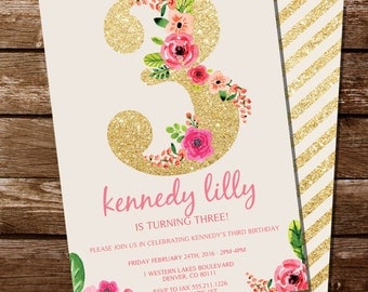 Third Birthday Invitation - Gold Glitter Floral Watercolor Birthday Invitation - Instant Download and Edit at home with Adobe Reader