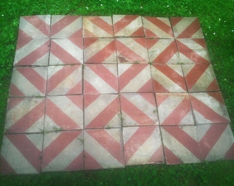 S O L D antique concrete cement tiles floor op art geometric red grey