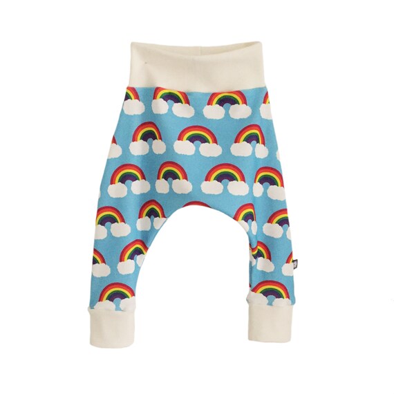 ORGANIC Baby HAREM PANTS Relaxed Rainbows on Blue Trousers