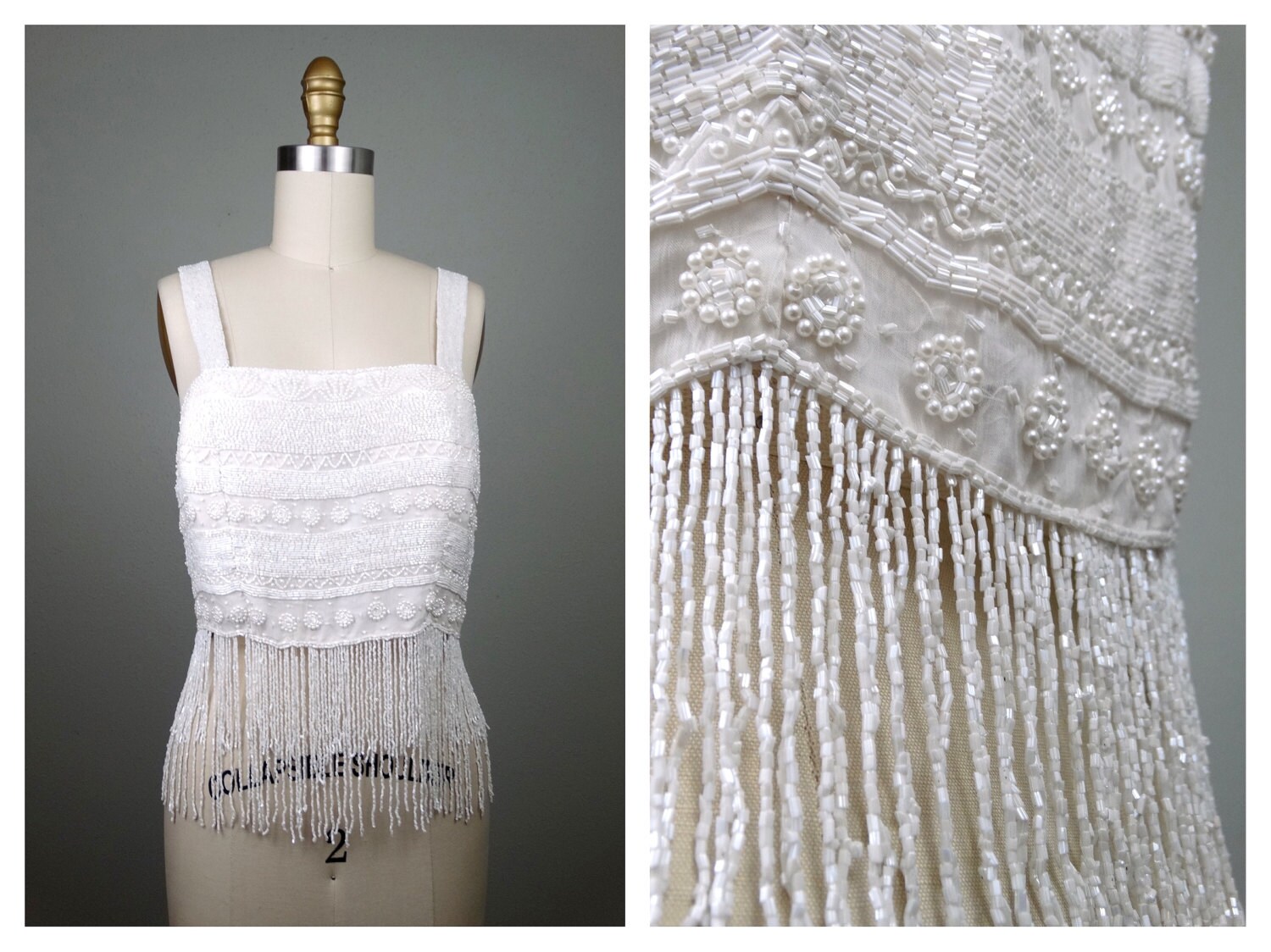VTG White Fringe Beaded Top / Pearl Beaded Crop Top / Fringed