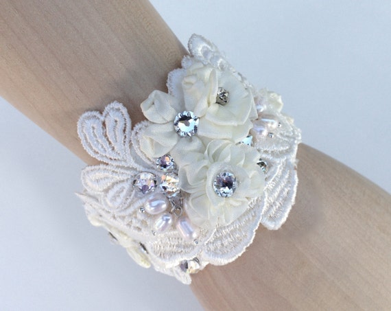 Lace Bridal Cuff Bracelet In Ivory With Swarovski Crystals and