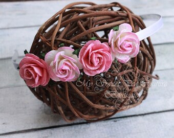 Pink Ombré Rose Flower Headband- Paper Flower Headband - Hard Headband - Girl Headband - Pink Headband- Flower Girl Headband- Photo Prop