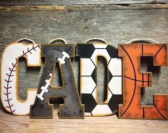 Sports Nursery Wall Letters-Hand Painted-Wood Letters-Baseball Nursery-Vintage Sports Nursery-Basketball Nursery-Football Nursery