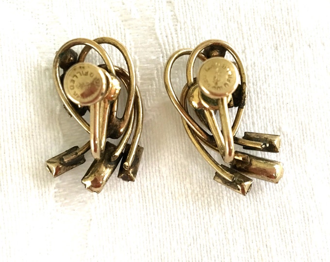 Rhinestone Earrings, Baguette Stones, Vintage Carl Art, Gold Filled Screwback Earrings, Designer Signed, Holiday Earrings