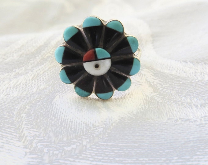 Zuni Sun Face Ring Signed RJV Vintage Native American Jewelry, Size 7.5