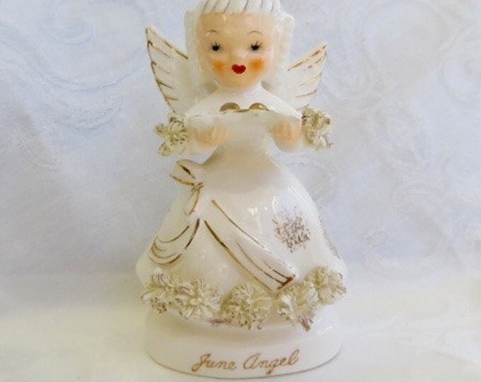 Vintage Angel Figurine June Bride Wedding Porcelain Cherub with Wedding Rings Bridal Figure 1950s