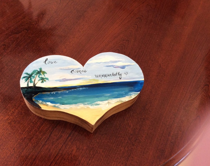 Solid thick wood heart with beach scene - love comes unexpectedly