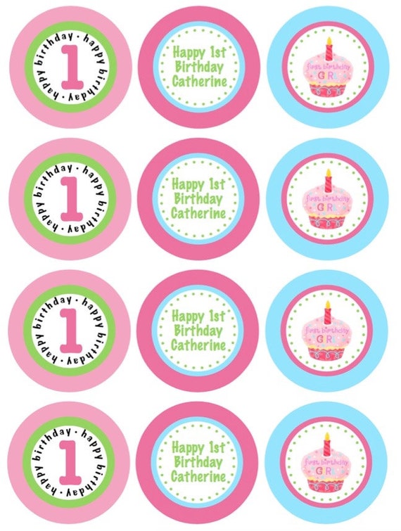 Printable First Birthday Girl Pink Cupcake and Green Polka