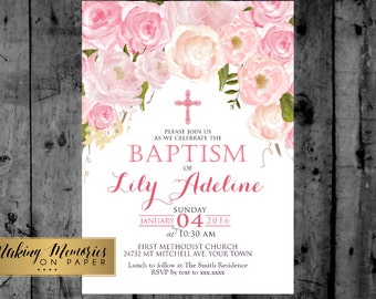 Pink Floral Baptism Invitation. Pink Watercolor, Pink Roses Baptism, Christening, Dedication ,First Communion. Girl Baptism