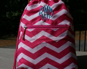 Girls Monogrammed Drawstring Gym Bag Pink Chevron Personalized Cinch Bag